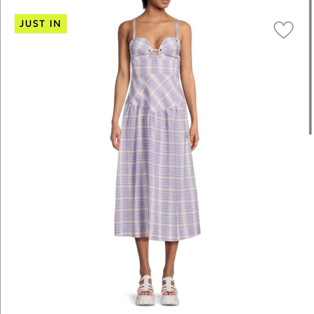 Ganni seersucker purple plaid cotton dress